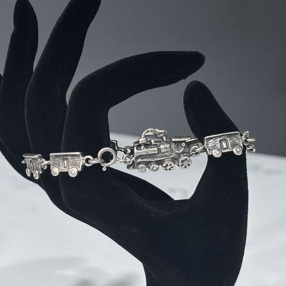 Estate Jewelry - Vintage Sterling Silver Train Bracelet Railroad Locomotive 925 Mexico 7.5"
